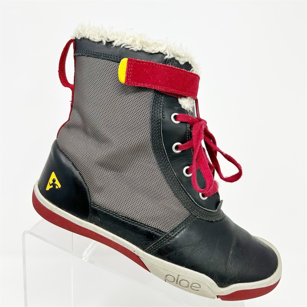 PLAE Noel Winter Snow Boots Unisex Kids Black Red Waterproof Faux Fur Size 4.5
